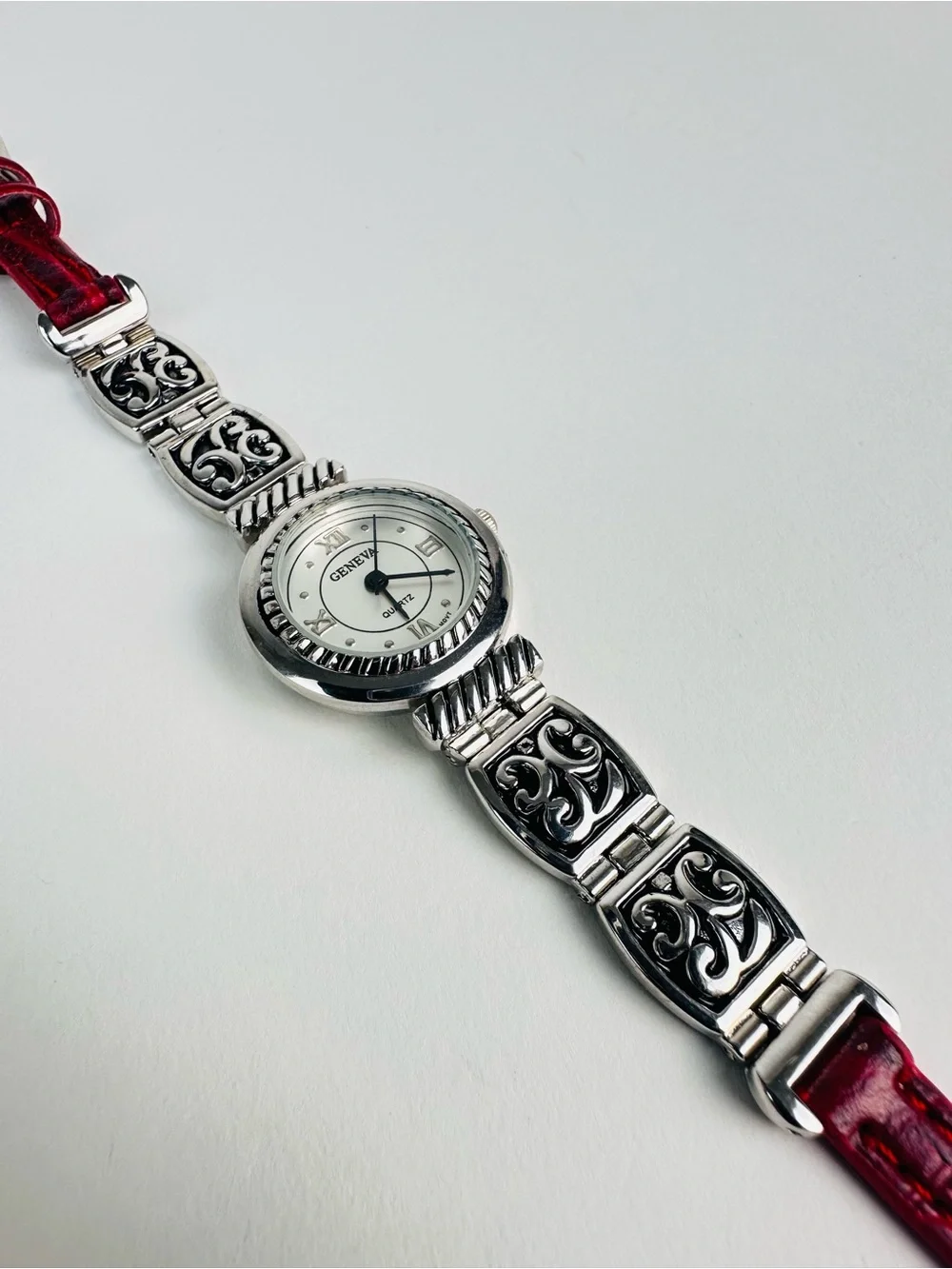 Geneva Small Size Silver Filigree Watch with Leather-Style Buckle Strap